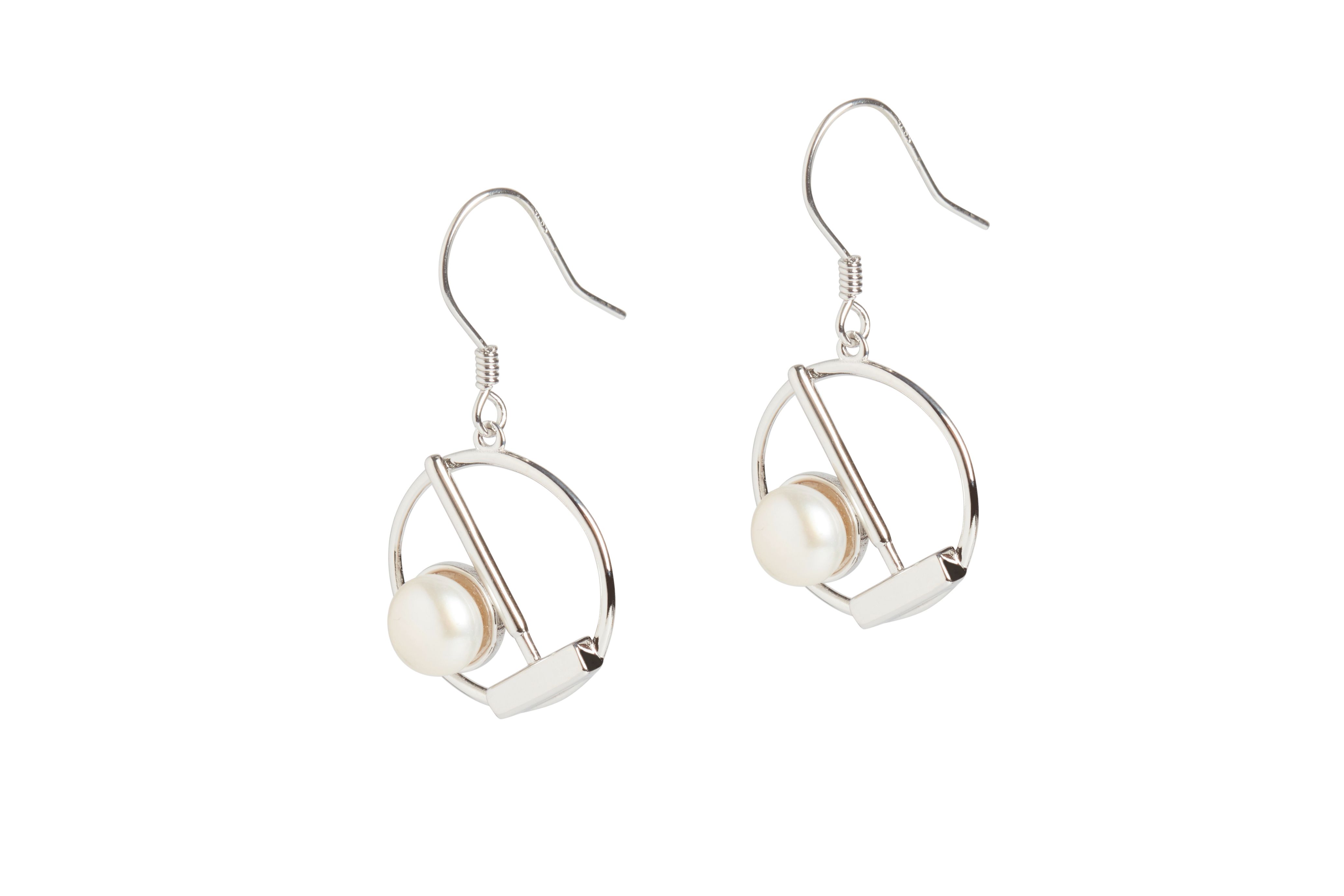 Sterling Silver Circle Drop Earrings Mallet and Pearl Ball